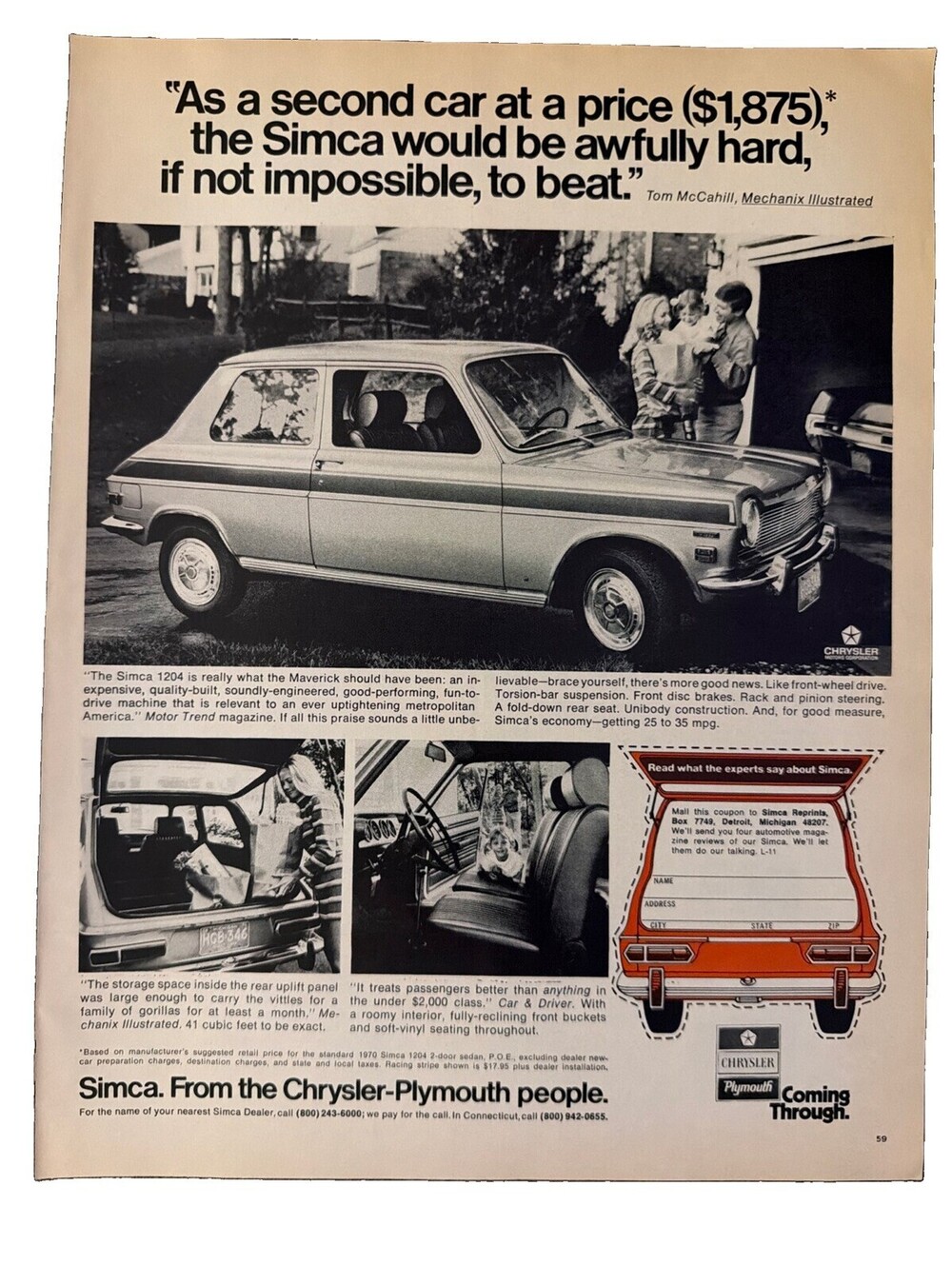 Simca Chrysler Plymouth Car Print Ad 1970 Second Car Compact Automobile American